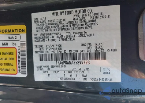 2015 Ford Mustang V6 из США, поврежденный, VIN 1FA6P8AM4F5399793